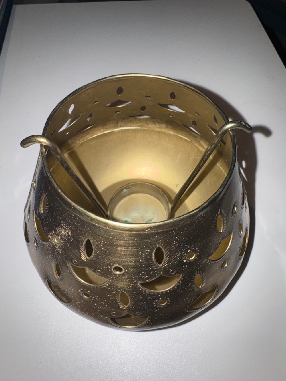 Vintage Indian Brass Candle Holder with Cutout Pattern - Gold